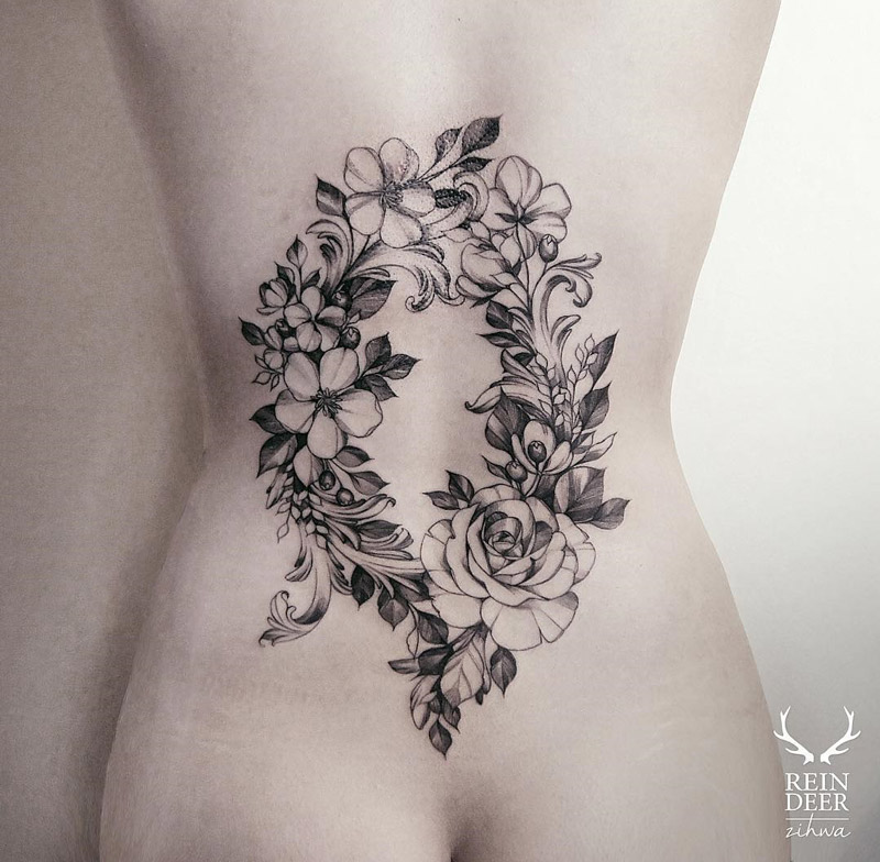 Floral Wreath on Girls Lower Back | Best tattoo design ideas