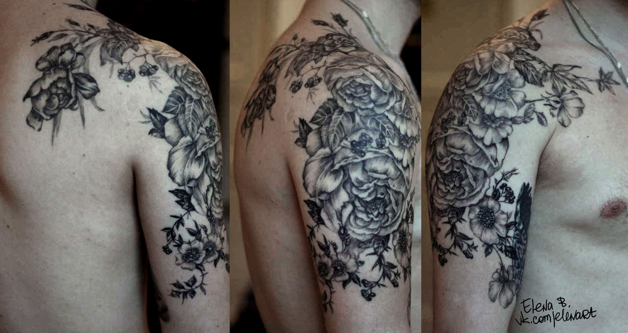 Nice floral shoulder tattoo by Elena B