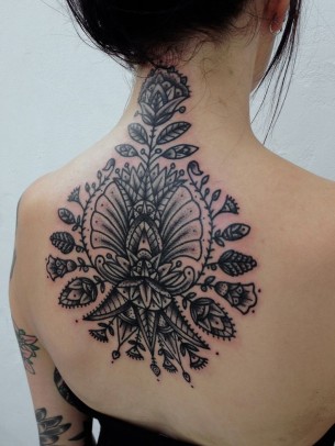 Amazing Floral Back And Neck Tattoo