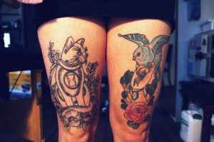 Cat And Bird Leg Tattoos