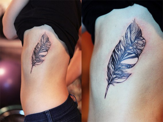 Feather Tattoo On Ribs