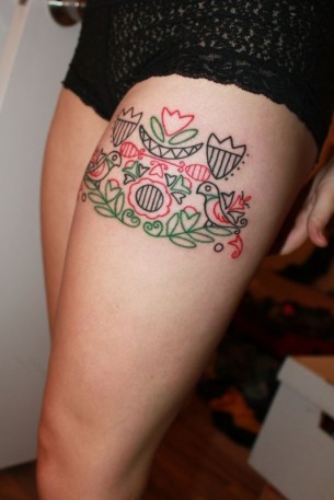 Hungarian Embroidery Tattoo On Thigh