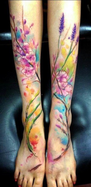 Cherry Blossoms & Lavender Watercolor Tattoo