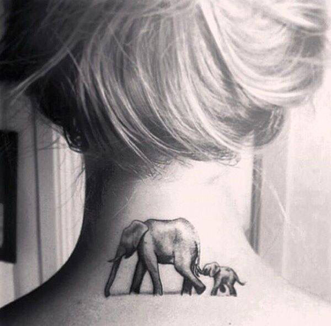 Elephant and Baby Neck Tattoo