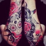 Pink Roses Skull Sleeve Tattoo