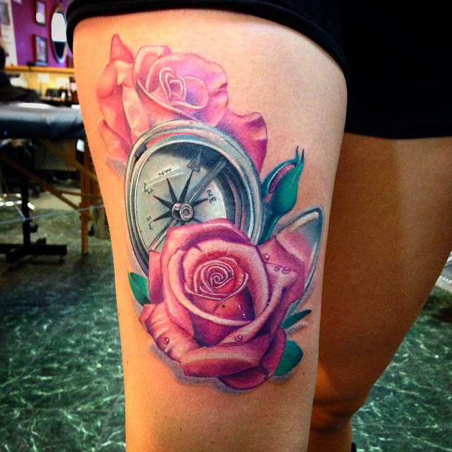 Compass & Pink Roses Tattoo