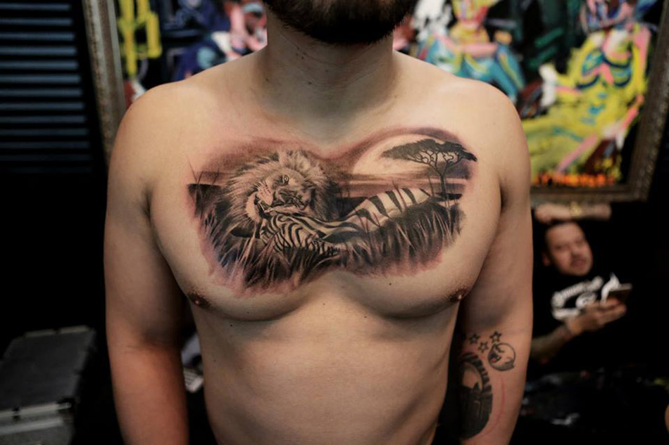 Lion & Zebra Chest Tattoo