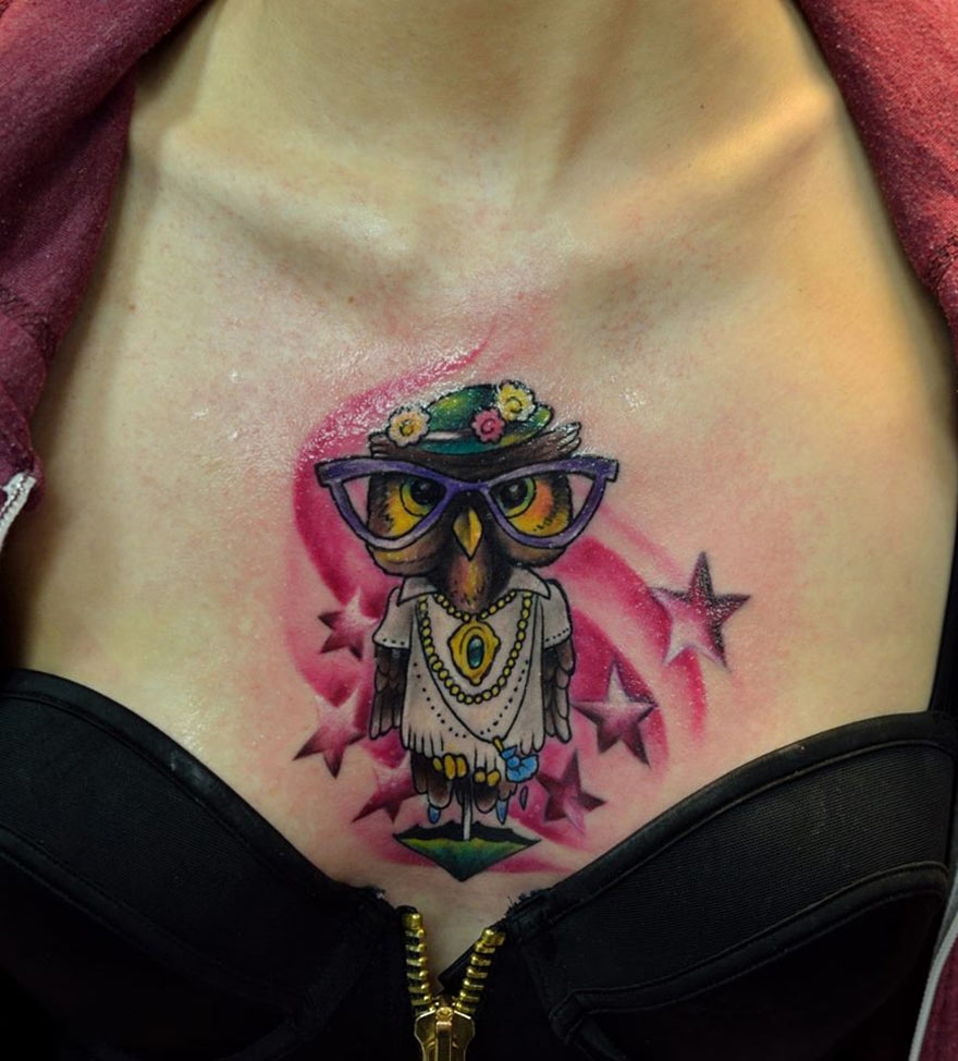 Funky Owl Chest Tattoo