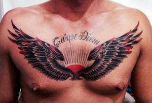 Carpe Diem & Wings Chest Tattoo