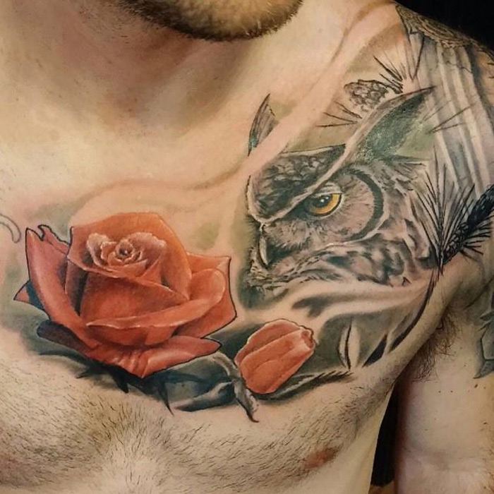 Realistic Chest Flower Rose Tattoo by Steve Soto