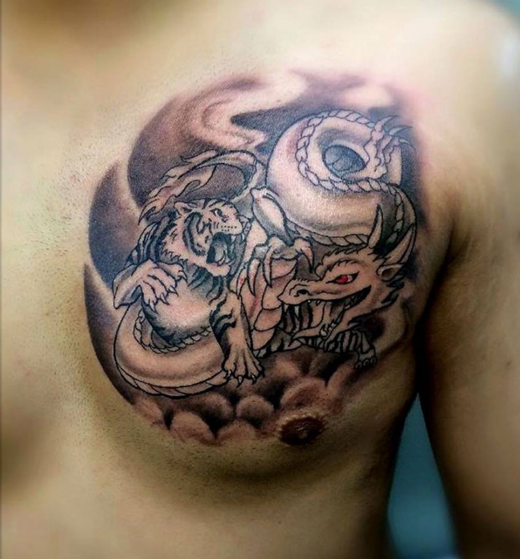 Tiger & Dragon Chest Tattoo
