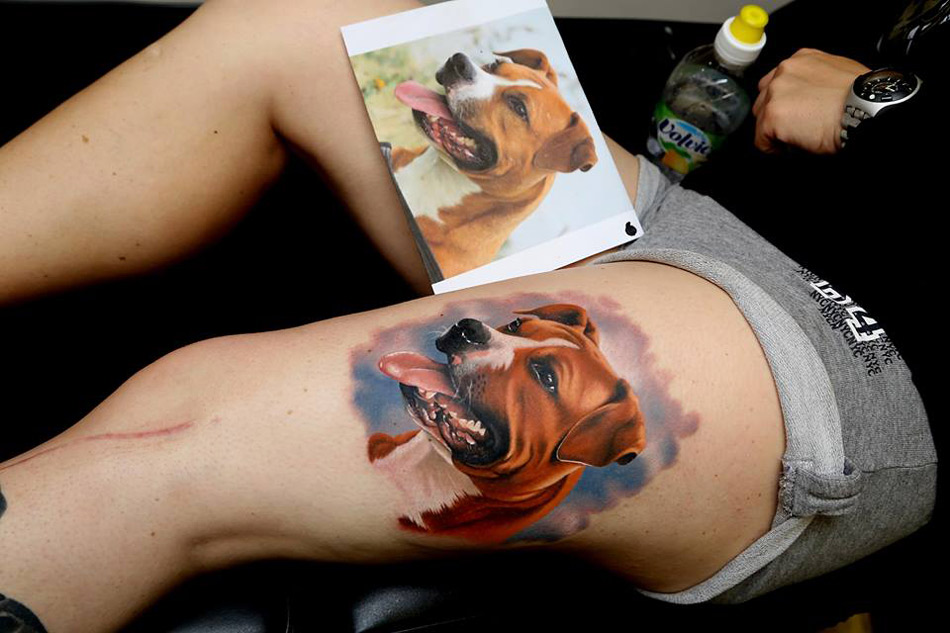 Dog Portrait Leg Tattoo