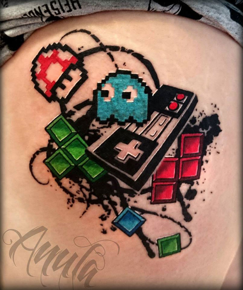 Nintendo NES tattoo with Tetris, Packman ghosts, Mario mushroom & game