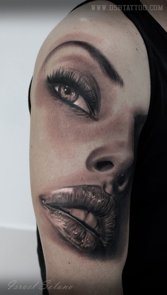 Realistic 3D Girls Face Sleeve Tattoo