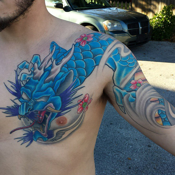 Blue Dragon Chest Tattoo