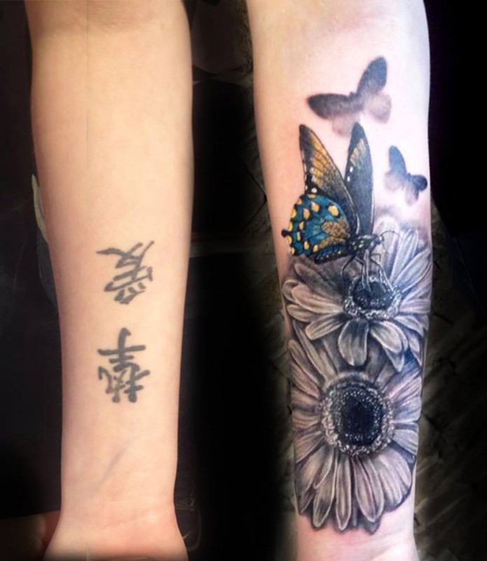 Butterfly & Flowers Forearm Tattoo