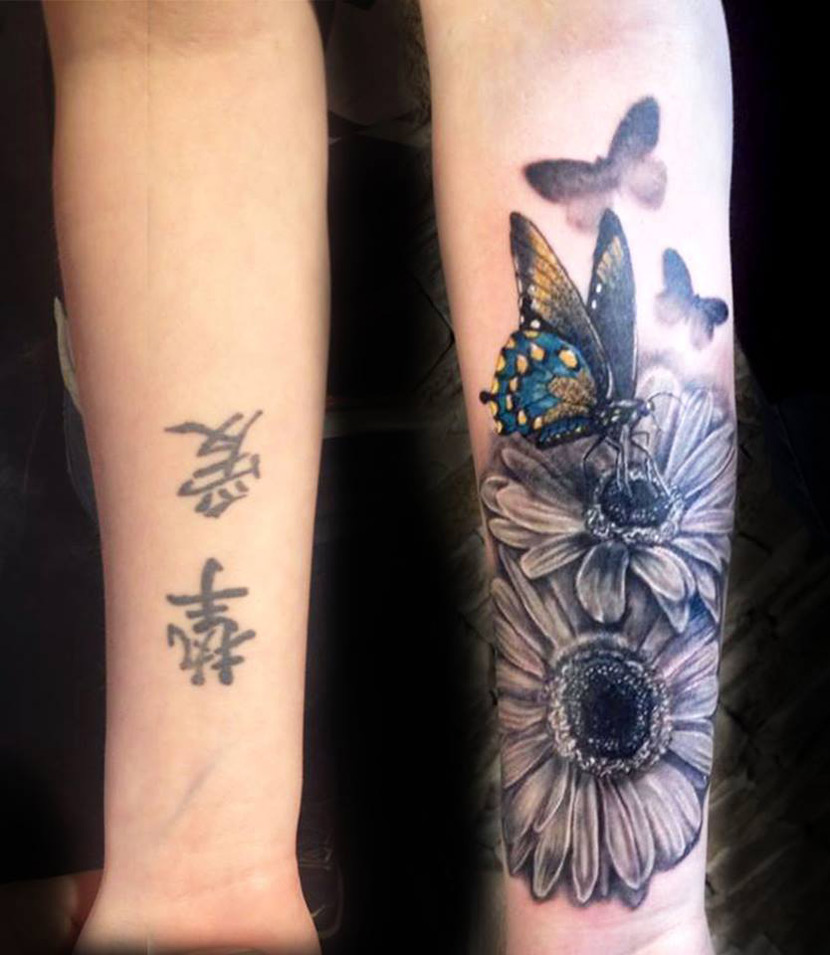 Butterfly & Flowers Forearm Tattoo