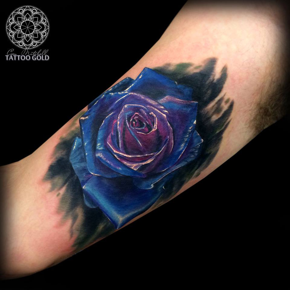 Blue Rose Inner Bicep Tattoo