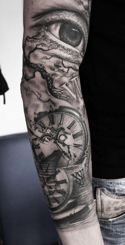 Clock, Eye & Stairway Sleeve Tattoo