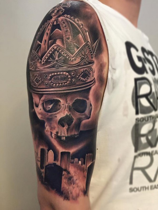 Graveyard Skull & Crown Tattoo