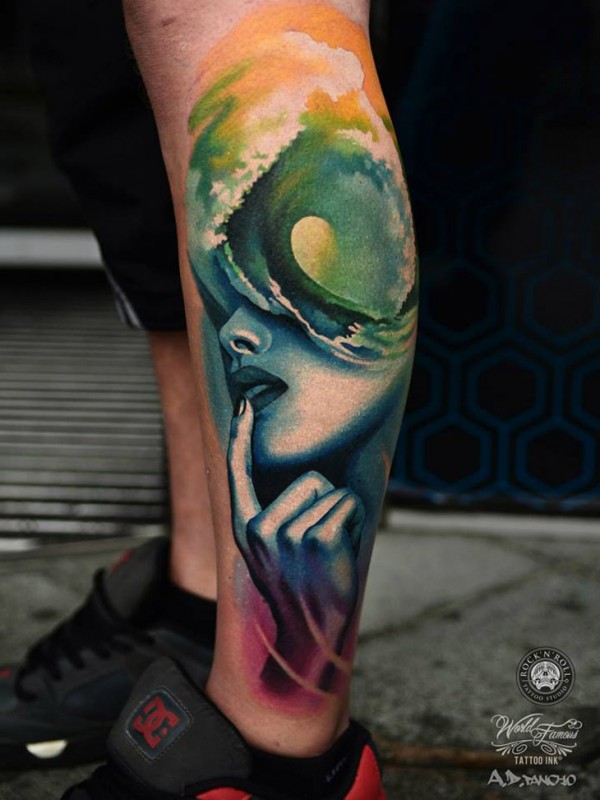 Portrait & Wave Abstract Tattoo