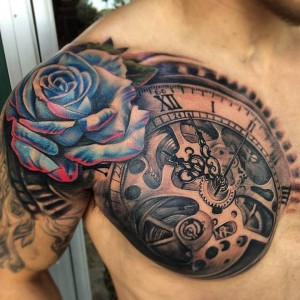 Clock & Blue Rose Chest Tattoo