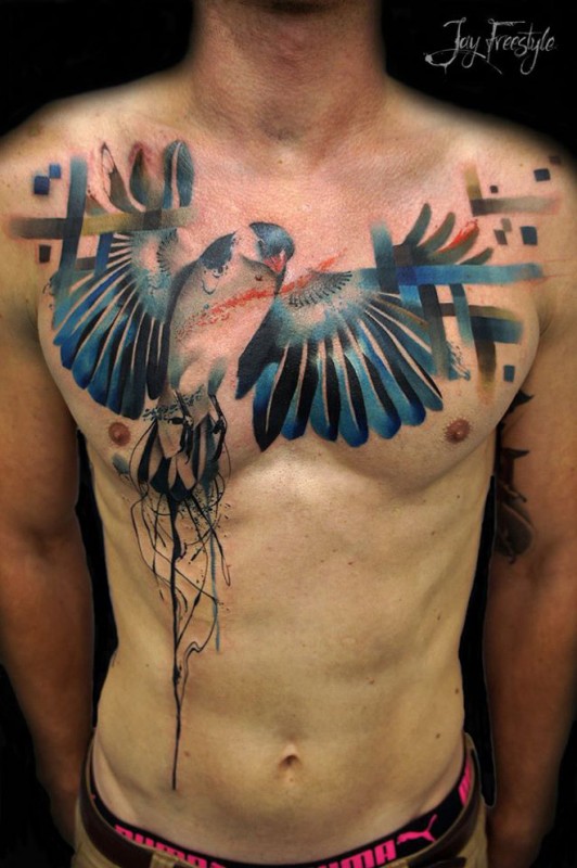 Abstract Bird Chest Tattoo