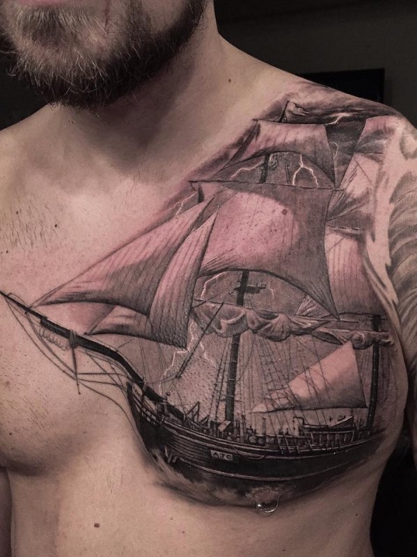 Sailing Ship Chest Tattoo
