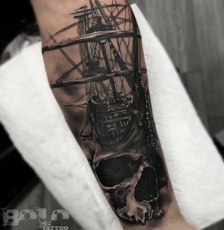 Skull & Sailing Ship tattoo