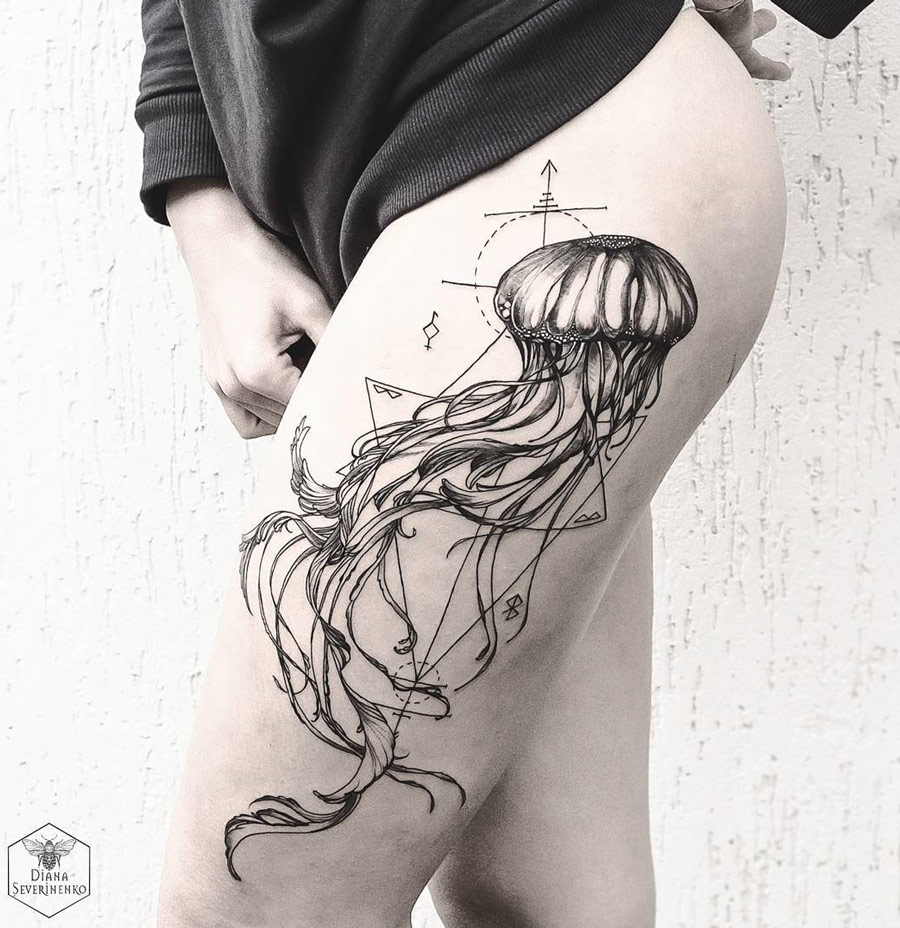 Jellyfish thigh tattoo