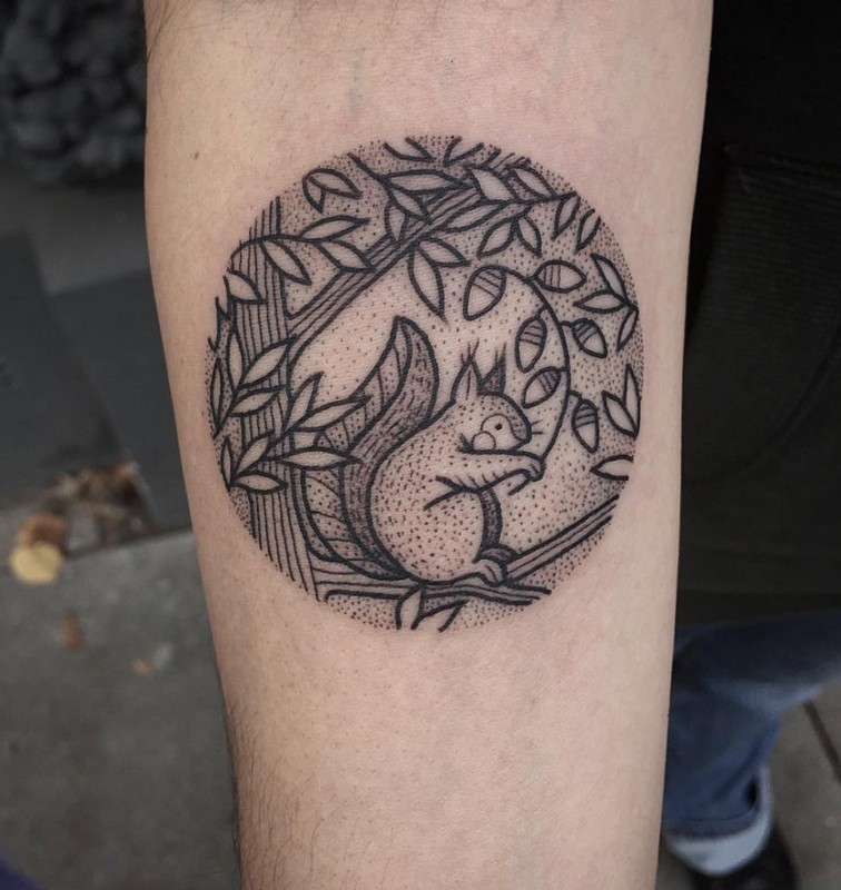 Squirrel dotwork tattoo