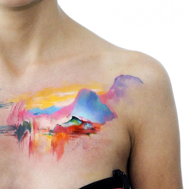Watercolor Nature Chest Tattoo