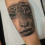 Womans portrait & tiger tattoo