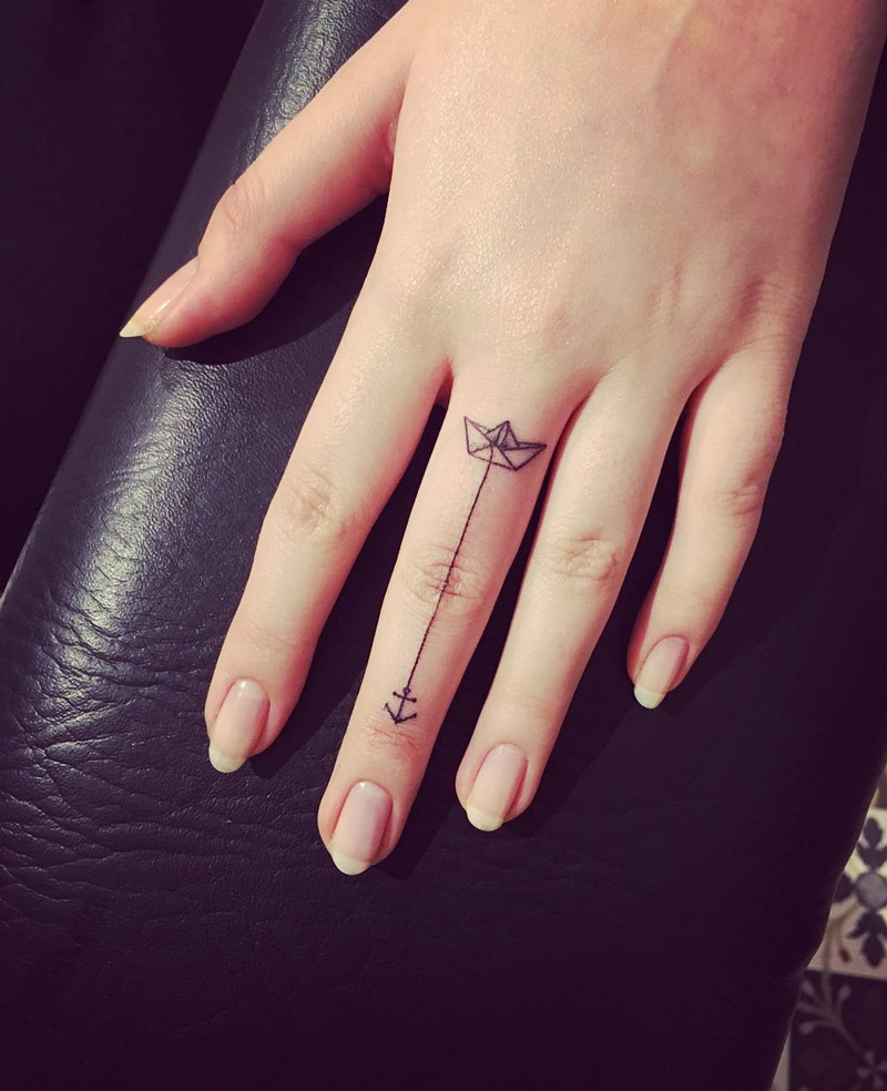 Paper Boat & Anchor Hand Tattoo