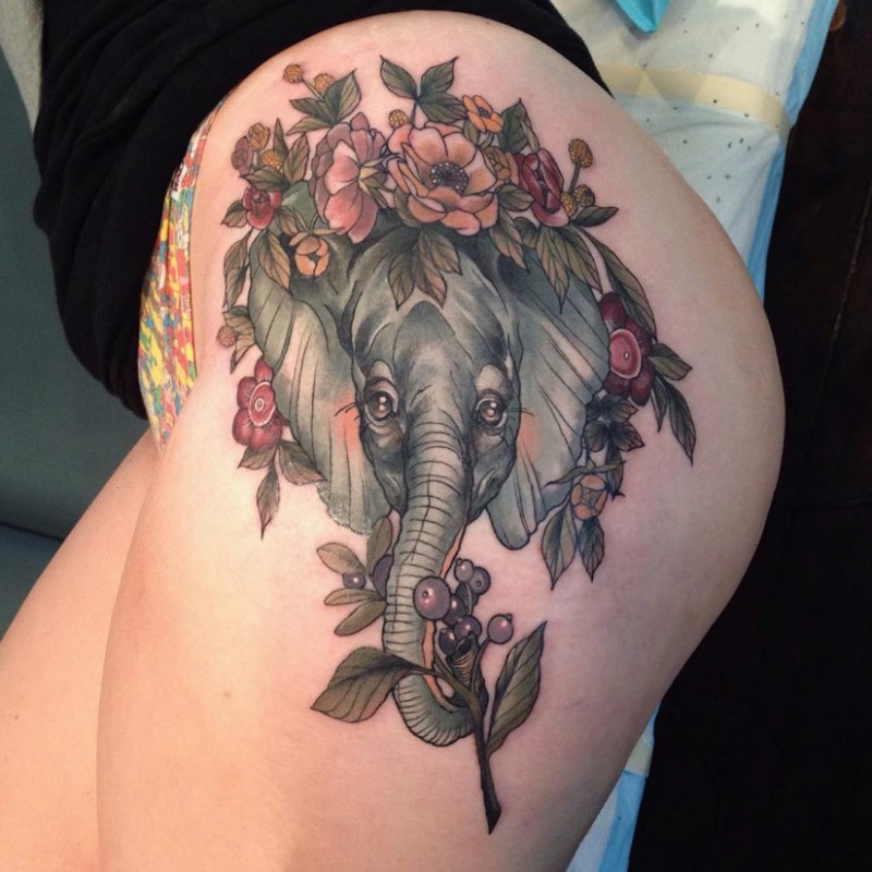 Floral Elephant Hip Tattoo