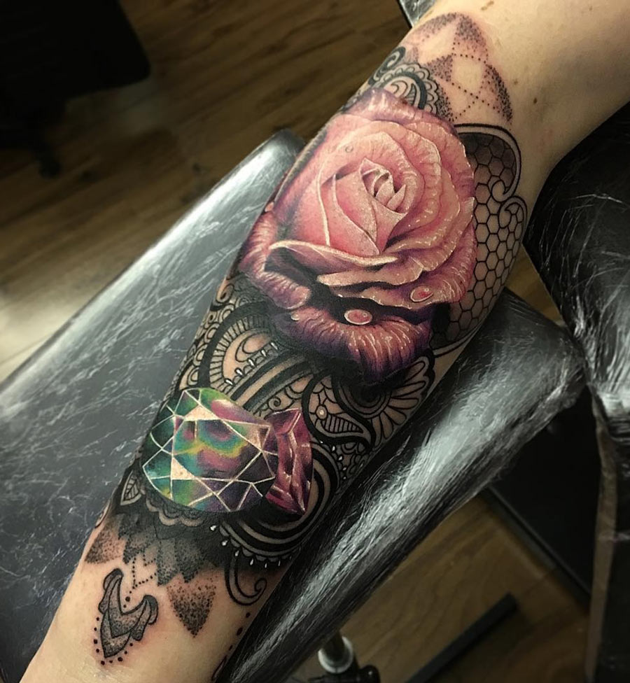 Henna background, Pink Rose & Jewel arm tattoo