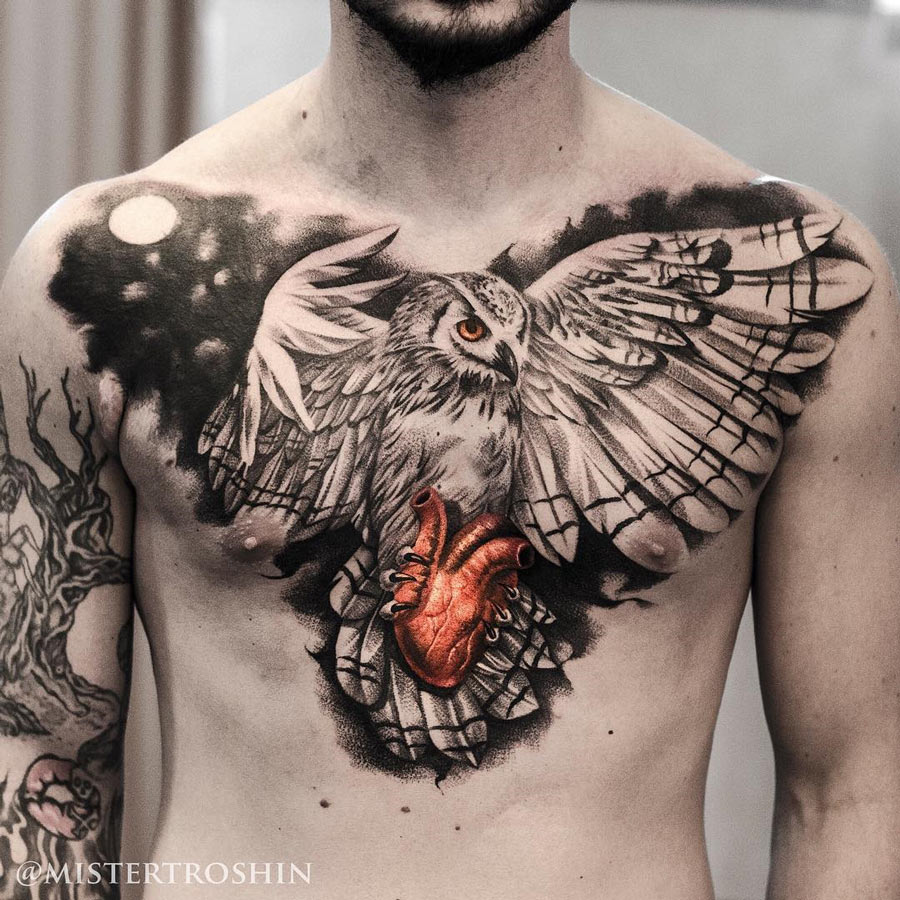 Owl & Heart Chest tattoo