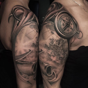 Compass, Map & plane travel tattoo