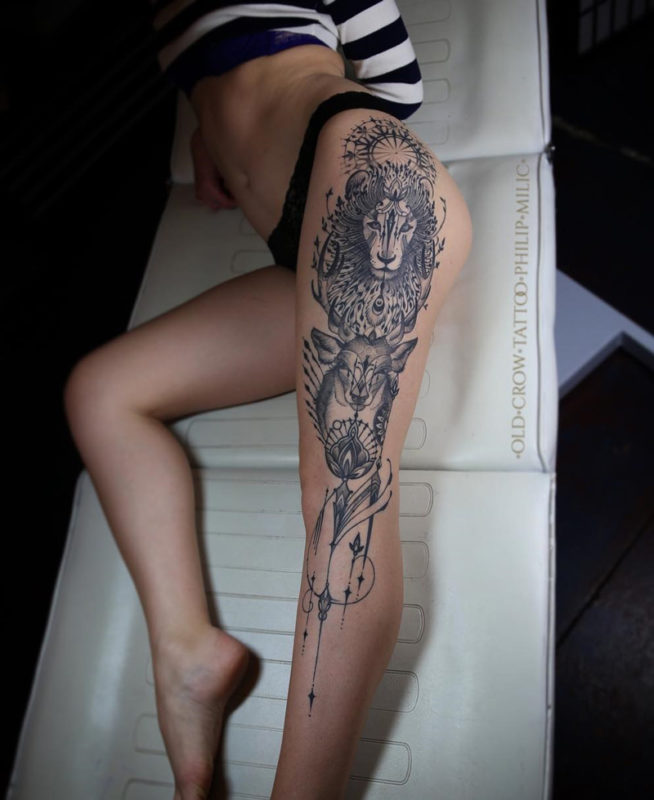Lion & Deer Leg Tattoo