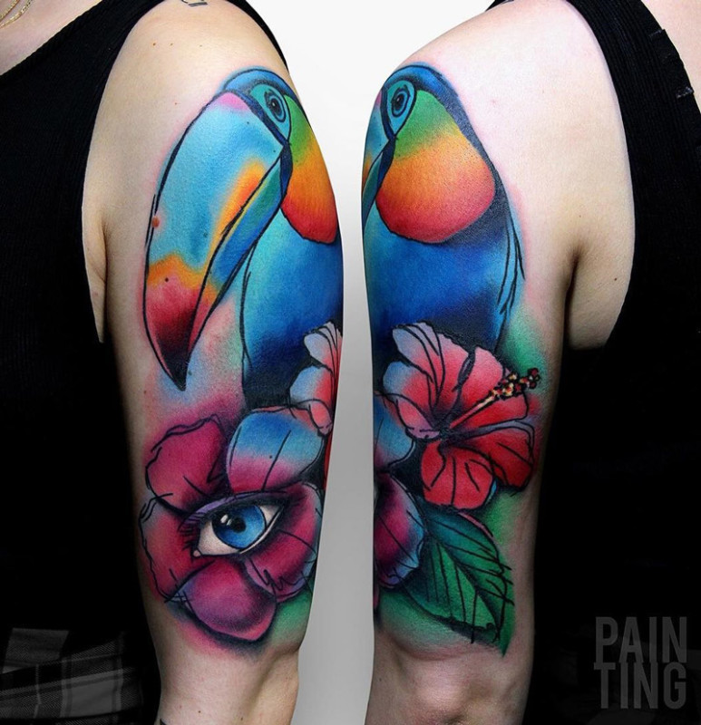 Colorful Tucan & Hibiscus