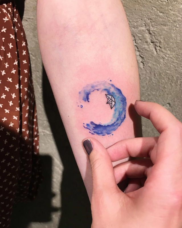 Paper Boat & Wave Watercolor Tattoo