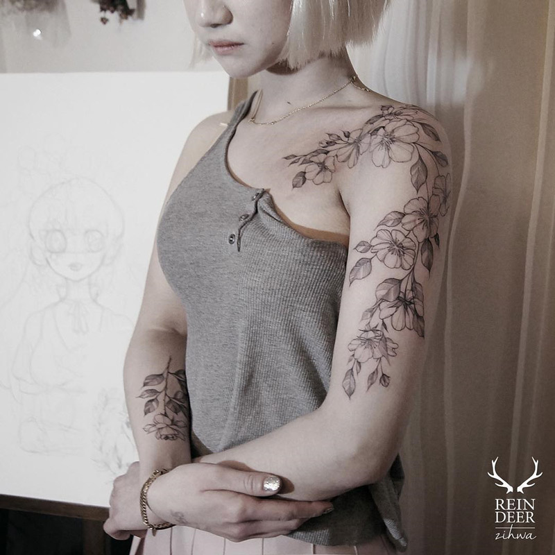 Pretty Floral Arm & Shoulder Tattoo