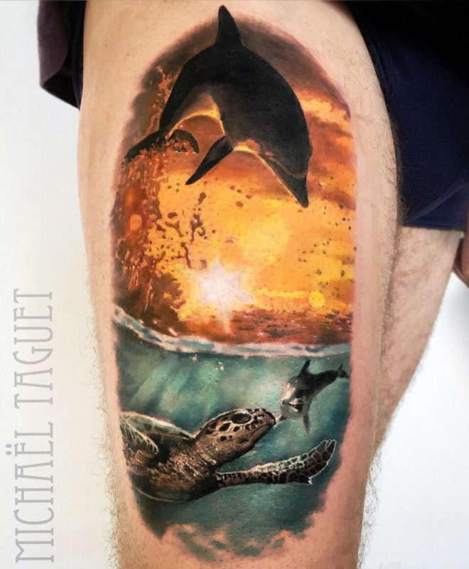 Dolphin & Turtle Thight Tattoo