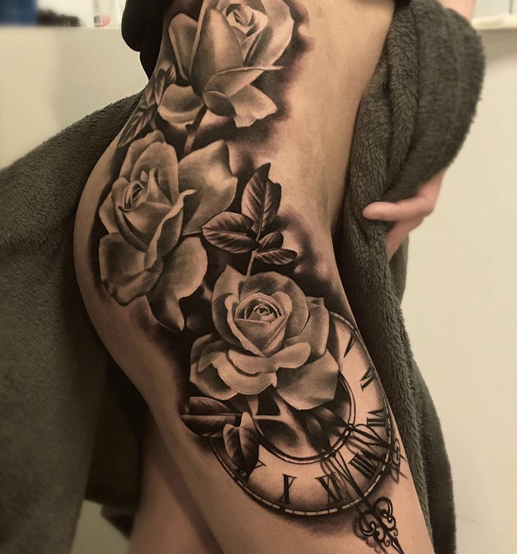 Roses & Clockface Tattoo