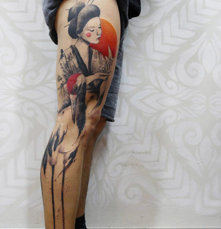 Geisha & Crane Leg Tattoo