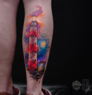 Watercolor Lighthouse Calf Tattoo