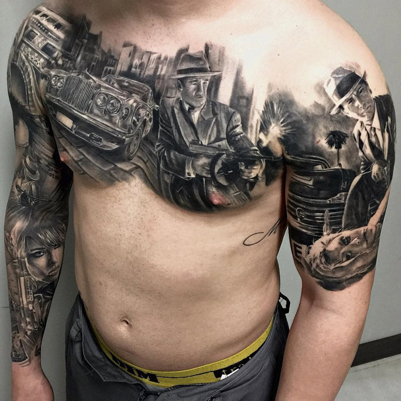 Gangster Scene Chest Tattoo