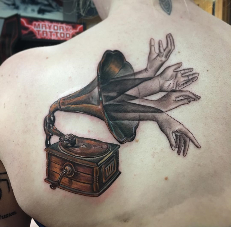 Gramophone back tattoo