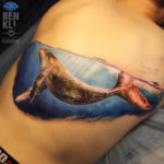 Realistic Blue Whale back tattoo