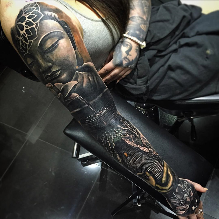 Buddha Sleeve with Steps, Lotus Flower & Water